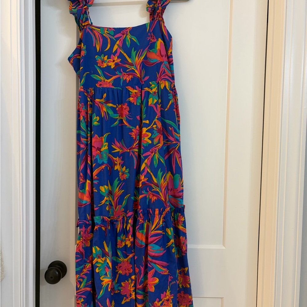 J. Crew Navy Floral Maxi Dress with Neon Accents